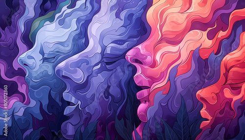 psychedelic abstract background with trippy faces and waves, wallpaper art