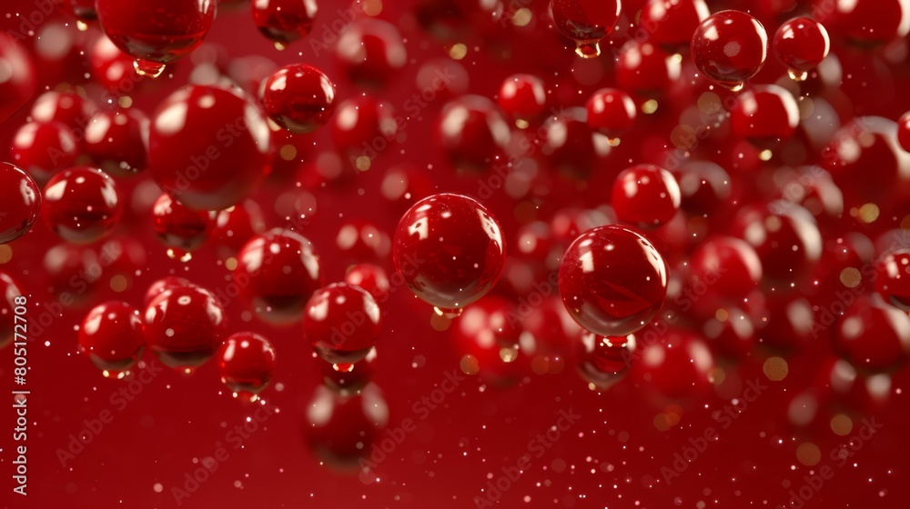 A collection of red balls hover above a red substrate, adorned with water droplets beneath them A collection of red balls hover above a red substrate, adorned with water droplets beneath them