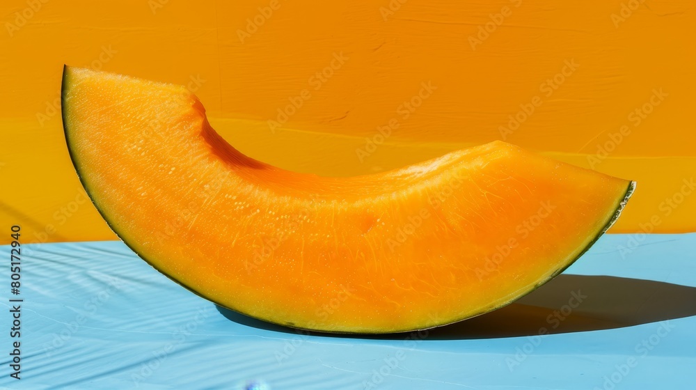 A melon rests atop a blue tablecloth Nearby, a wall is painted yellow and orange A melon rests atop a blue tablecloth Nearby, a wall is painted yellow and orange