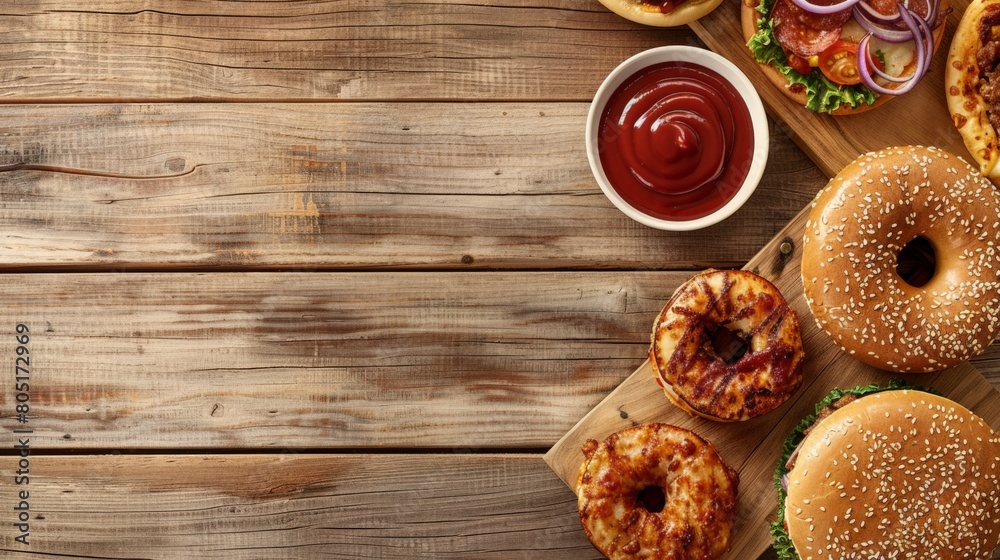 A variety of fast food items such as burgers, pizza and donuts are laid out on wooden planks, and next to them is a small bowl filled with ketchup. There is an empty space in the lower right corner fo