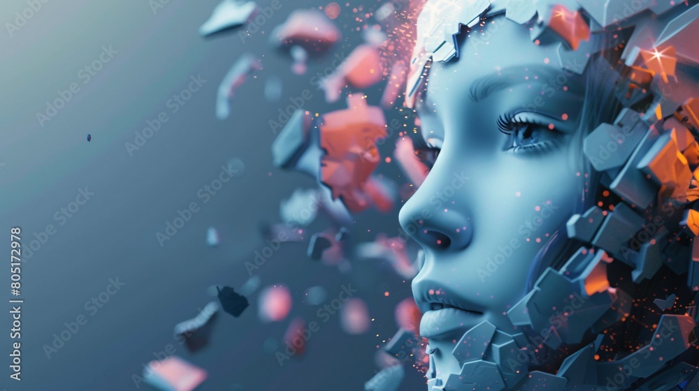 Humanoid female AIs face encircled by shattered fragments against digital abstract backdrop Humanoid female AIs face encircled by shattered fragments against digital abstract backdrop