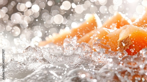  A tight shot of numerous oranges with water droplets splashing, backdrop blurred