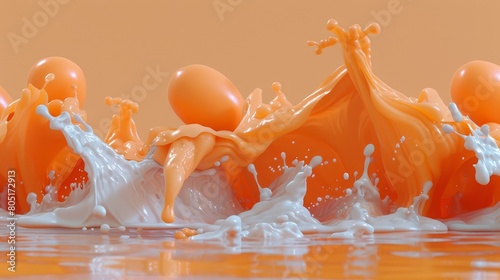   A cluster of oranges plunging into a body of water, accompanied by a milk cap splash photo