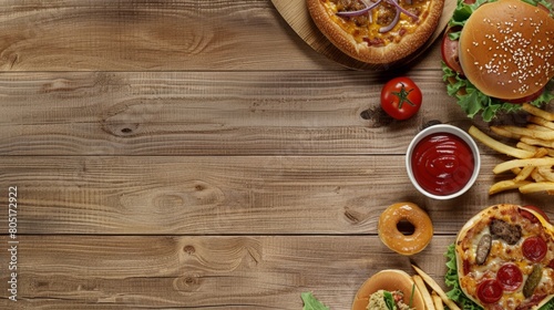 A variety of fast food items such as burgers, pizza and donuts are laid out on wooden planks, and next to them is a small bowl filled with ketchup. There is an empty space in the lower right corner fo