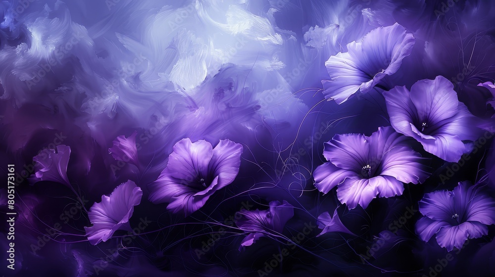   A painting of purple flowers against a blue-purple backdrop with a white cloud centrally positioned
