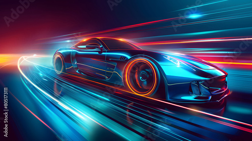 A blue sports car is showcased against a dark background, featuring a speedometer and two glowing red lines extending from the vehicle.
