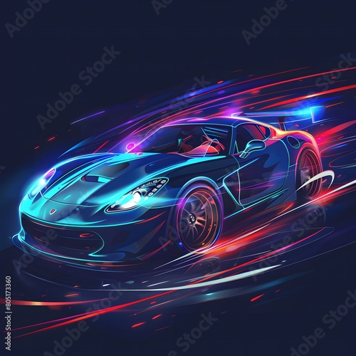 A blue sports car is showcased against a dark background, featuring a speedometer and two glowing red lines extending from the vehicle. © Mohsin