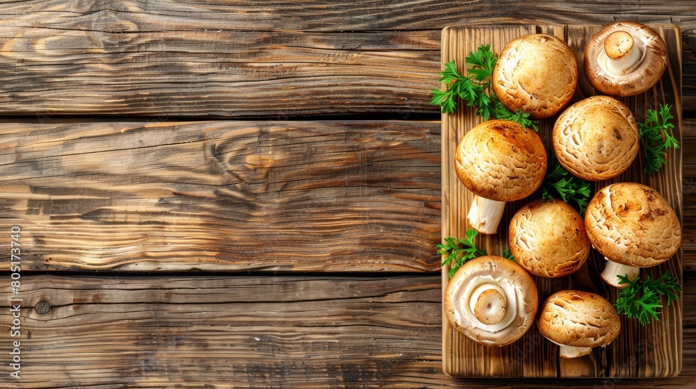 A collection of mushrooms atop a cutting board, accompanied by parsley, resting on a wooden table A collection of mushrooms atop a cutting board, accompanied by parsley, resting on a wooden table