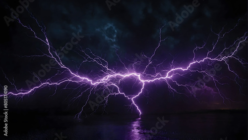 Vivid purple lightning crackles against a deep black backdrop, electrifying the scene with its raw power.