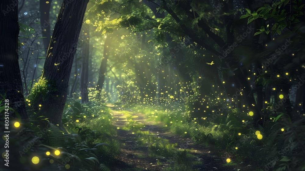 Beautiful forest path with fireflies flying around, fantasy illustration in the style of magical Beautiful forest path with fireflies flying around, fantasy illustration in the style of magical