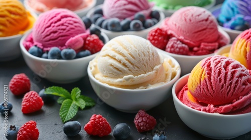 Colorful Ice Cream Scoops and Berries Showcasing a Delightful Summer Dessert Selection