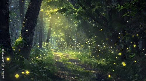 Beautiful forest path with fireflies flying around, fantasy illustration in the style of magical photo