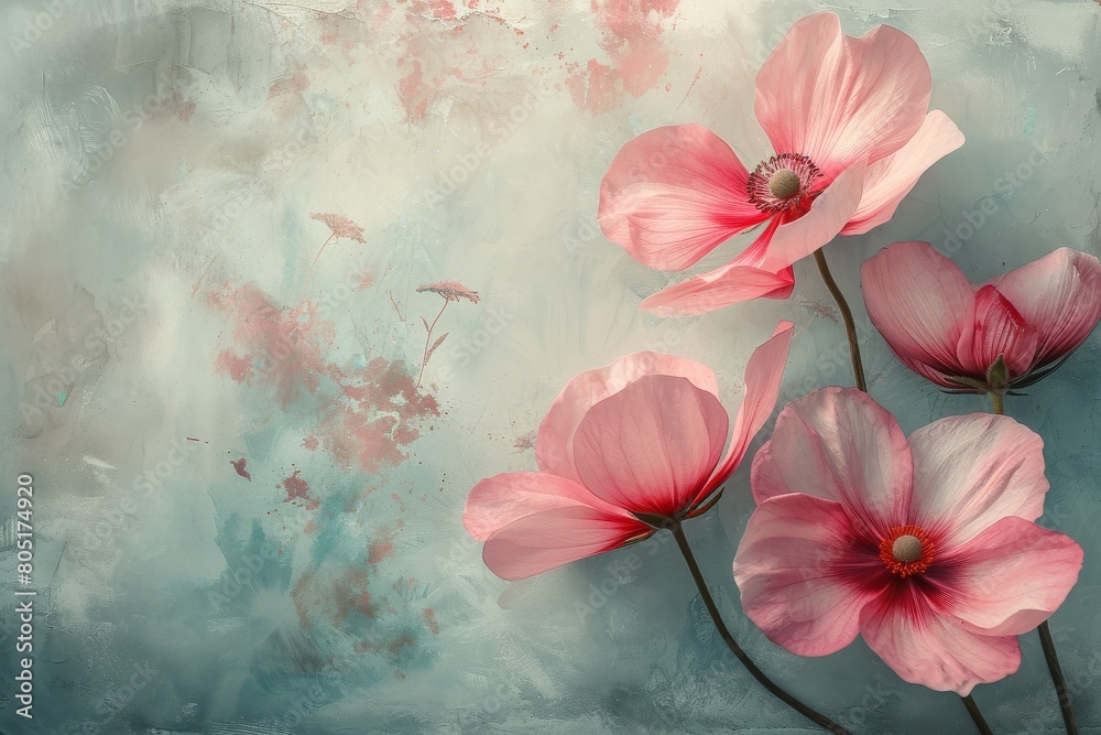 Pink Flowers on Blue Background Pink Flowers on Blue Background