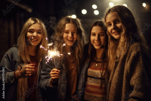 A group of young women standing together, joyfully holding sparklers in their hands