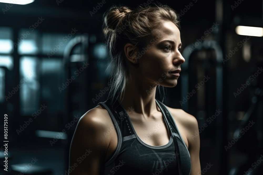A woman standing alone in a gym, gazing off into the distance with a contemplative expression