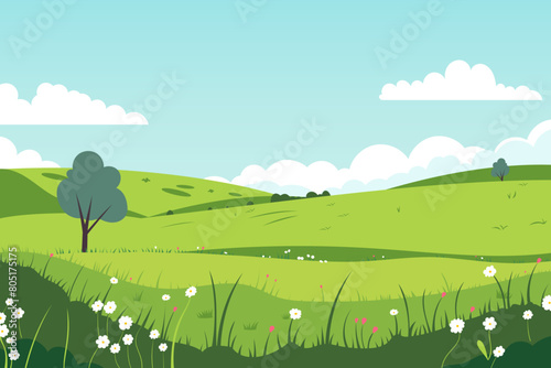 Beautiful landscape vector illustration of summer green fields, hills and flower meadows. Stunning farm landscape with hills and blue sky with clouds in the background. Natural landscape for design. © LoveSan