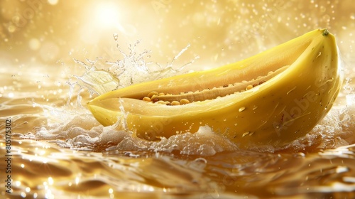   A banana submerged in water  with a splash creating ripples at its side