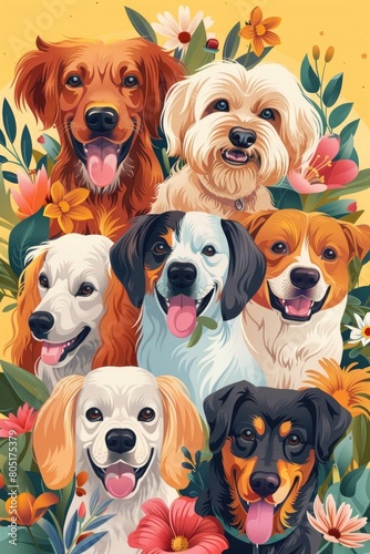 Multicolor cute dogs of different breeds  vector illustration in flat style. Spring pet on a walk with floral pattern