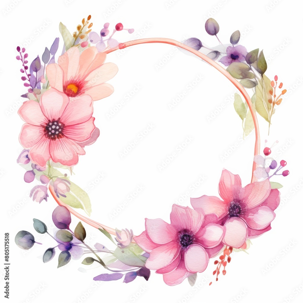 Watercolor Wreath With Pink Flowers and Leaves
