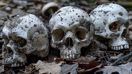   Three skulls atop a mound of leaf-covered ground, adjacent to a heap of decayed leaves