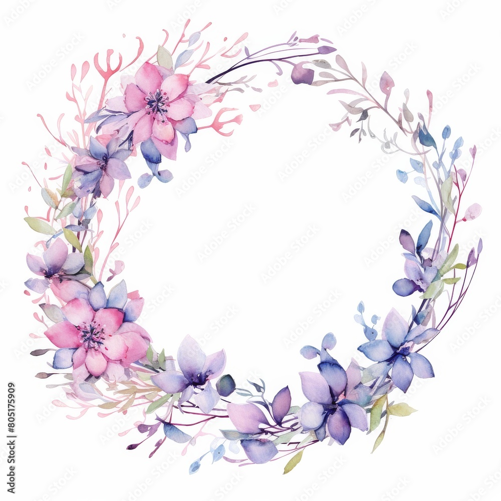 Watercolor Wreath With Purple Flowers and Green Leaves