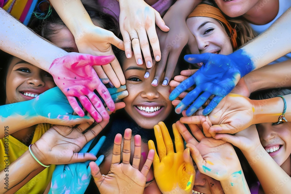 Obraz premium Joyful expression of diversity and inclusivity, with hands covered in colorful paint, forming a vibrant circle, celebrating unity and creativity. 