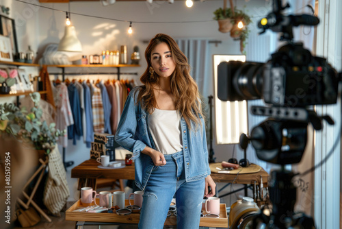 A beautiful female influencer was recording her YouTube video in front of the camera at home next to an open store with hangers behind her.