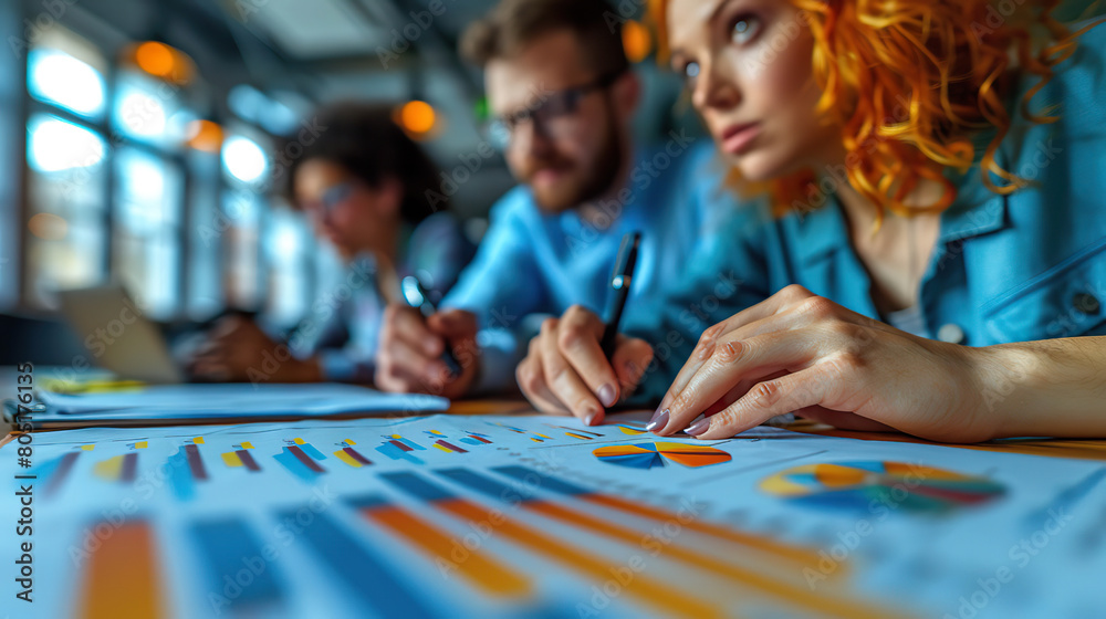 Group of Young Businesspeople Analyzing Financial Reports and Charts in a Meeting. Generated by AI