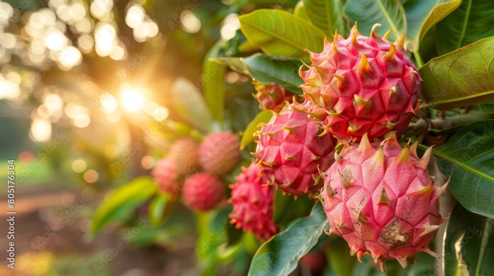 A tight shot of several fruits on a tree, sun rays filtering through the foliage behind A tight shot of several fruits on a tree, sun rays filtering through the foliage behind