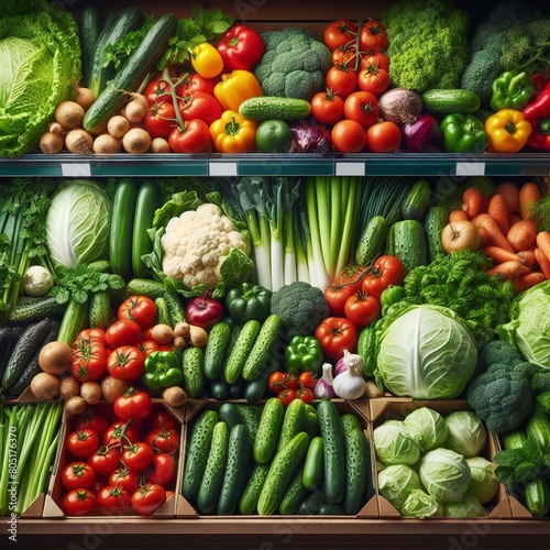 Neatly laid out fresh delicious vegetables on supermarket shelves