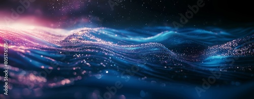 Abstract digital artwork of glittering blue waves under a starry sky, invoking a dreamy and mystical ambiance. photo
