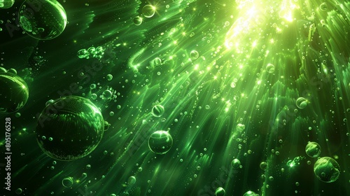  A scene of numerous bubbles suspended in the air above a backdrop of water droplets and a verdant background, illuminated from above by soft light emanating from each bubble