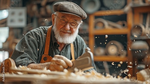 A skilled carpenter in a large workplace uses an electric plane to shave wood.