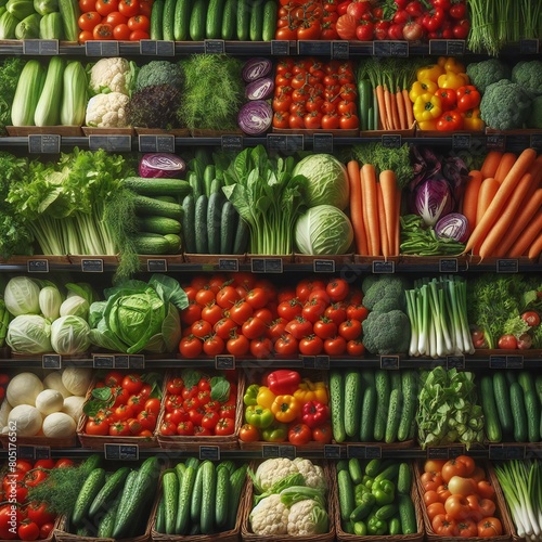 Neatly laid out fresh delicious vegetables on supermarket shelves