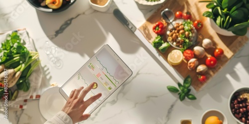 Futuristic Digital Health Nutrition Plan Display on Tablet with High-Tech Background