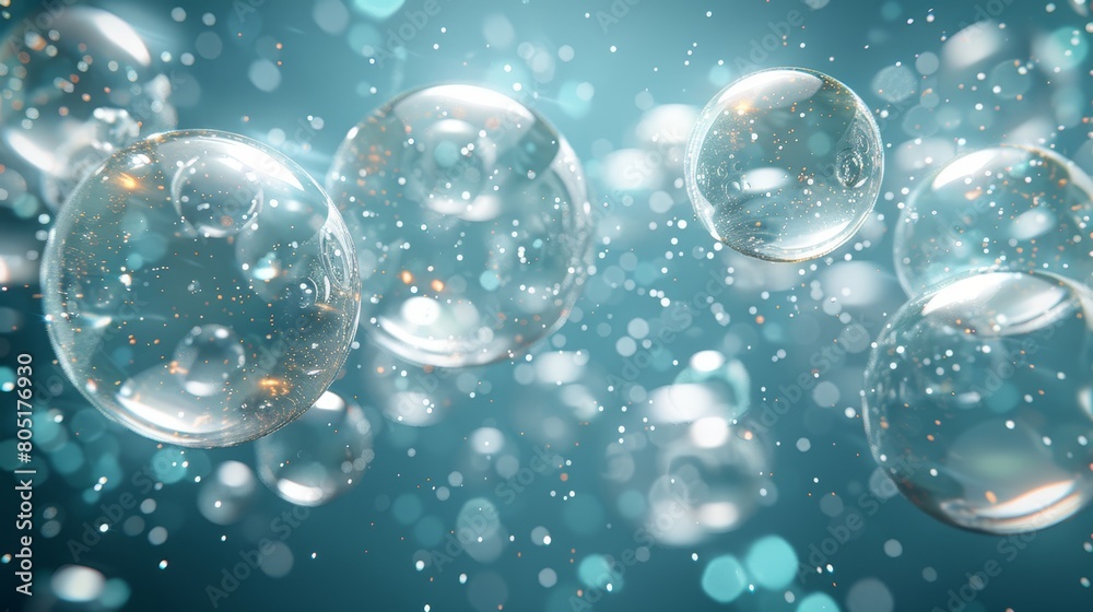 A collection of soap bubbles suspended in the air against a blue backdrop, with soft bokeh lighting and bubbles drifting A collection of soap bubbles suspended in the air against a blue backdrop, with soft bokeh lighting and bubbles drifting