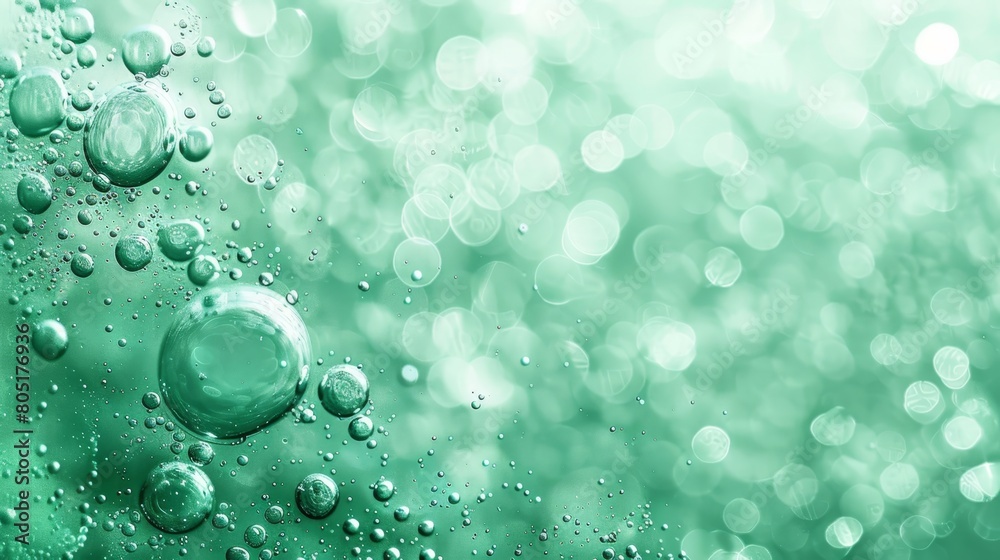   A tight shot of water bubbles against a verdant backdrop Background softly blurred with radiant, diffused light