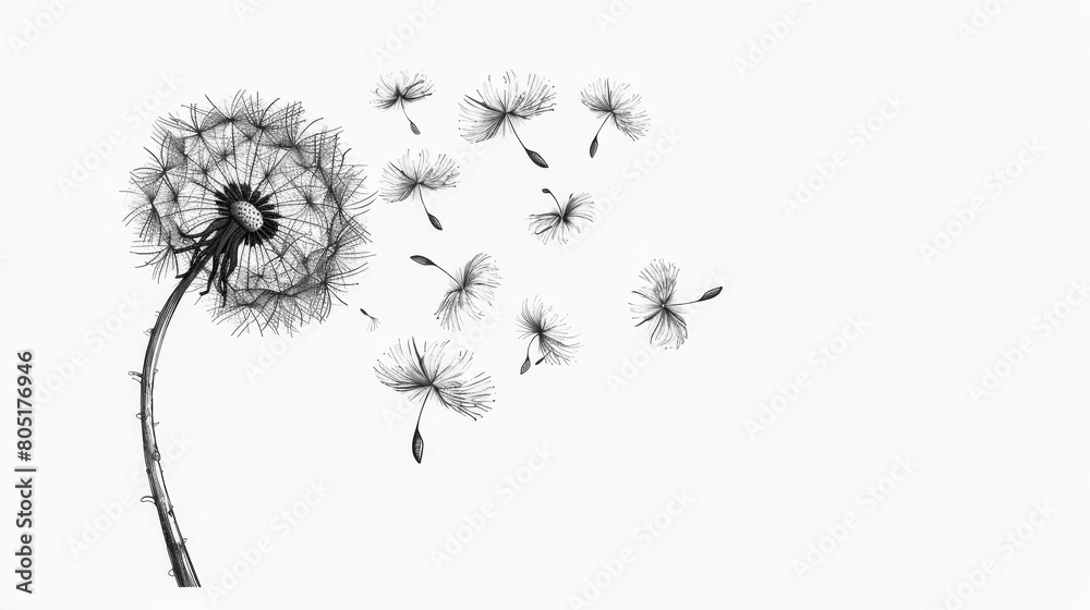   A monochrome image of a dandelion drifting in the wind, seeds airborne