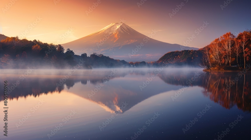 Mount Fuji at sunrise from lake Saiko