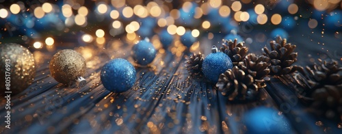 Elegant Christmas decorations featuring blue baubles and golden lights on a wooden surface. photo