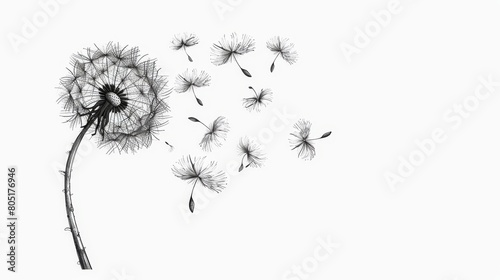   A monochrome image of a dandelion drifting in the wind  seeds airborne