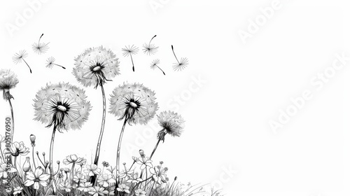   A monochrome image of a dandelion amidst the wind  white blooms in the foreground