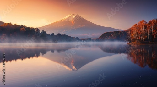 Mount Fuji at sunrise from lake Saiko
