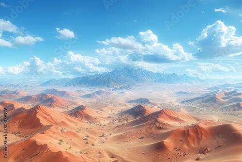 A vast desert landscape, with rolling sand dunes and rocky outcrops, shaped by wind and erosion over millions of years. Concept of arid environments. Generative Ai.