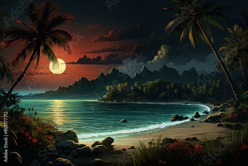 Mystical Tropic night beach moon. Sand coast. Generate Ai