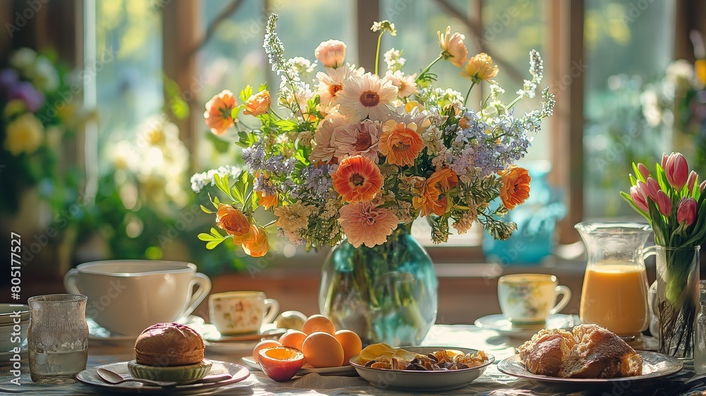 Easter brunch, lovely vase flowers, and spring breakfast table