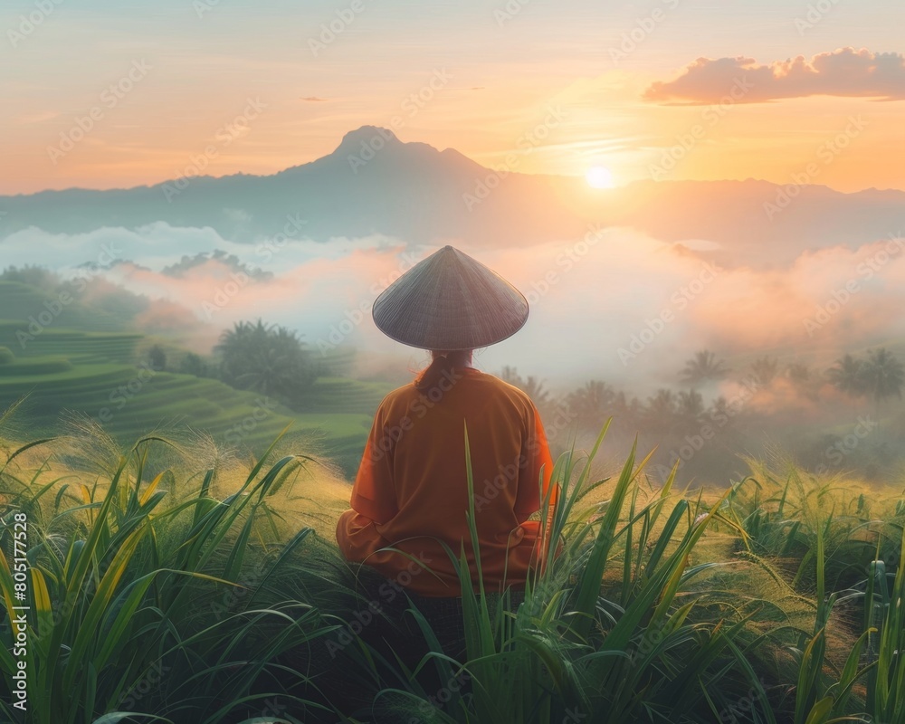 The photo shows a person in traditional clothing sitting in a field of tall grass The photo shows a person in traditional clothing sitting in a field of tall grass