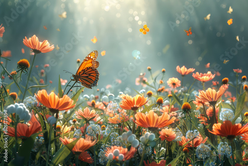 A tranquil meadow bathed in sunlight, with wildflowers swaying in the breeze and butterflies flitting from blossom to blossom. Concept of floral landscapes. Generative Ai.