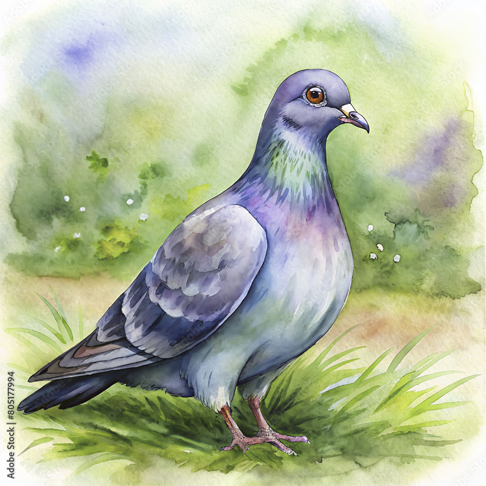 Fototapeta premium Pigeon on a green meadow. Illustration of a pigeon.