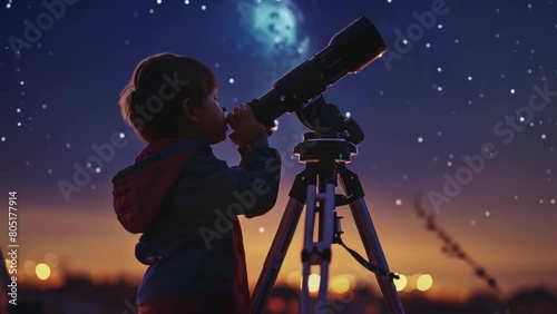 Little boy looks at stars through a telescope. Beautiful starry sky. Child studies astronomy. Silhouette astronomer guy gaze star. Space background. Man explore universe. Cosmic discovery.